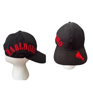 Vintage Marlboro Snapback Hat Black Bronco Cowboy Red Spell Out Cap Cotton